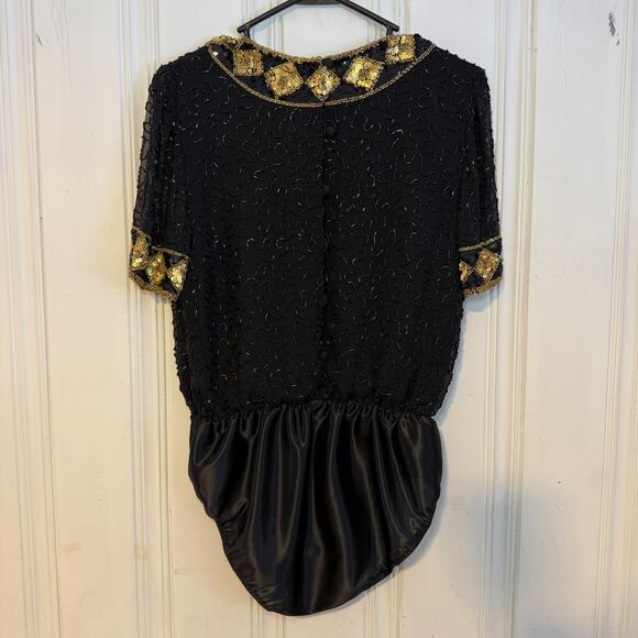 AJ Bari vintage black and gold short sleeve beaded body suit women's size 6 - Picture 3 of 3
